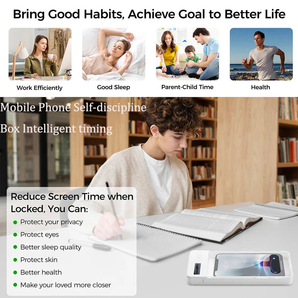 Transparent Students Phone Box Self-Discipline Tool Cell Phone Lock Box with Timer Lcd Display for Adults Children Students